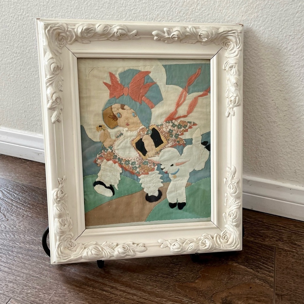 Vintage Framed Embroidered Art with White Frame